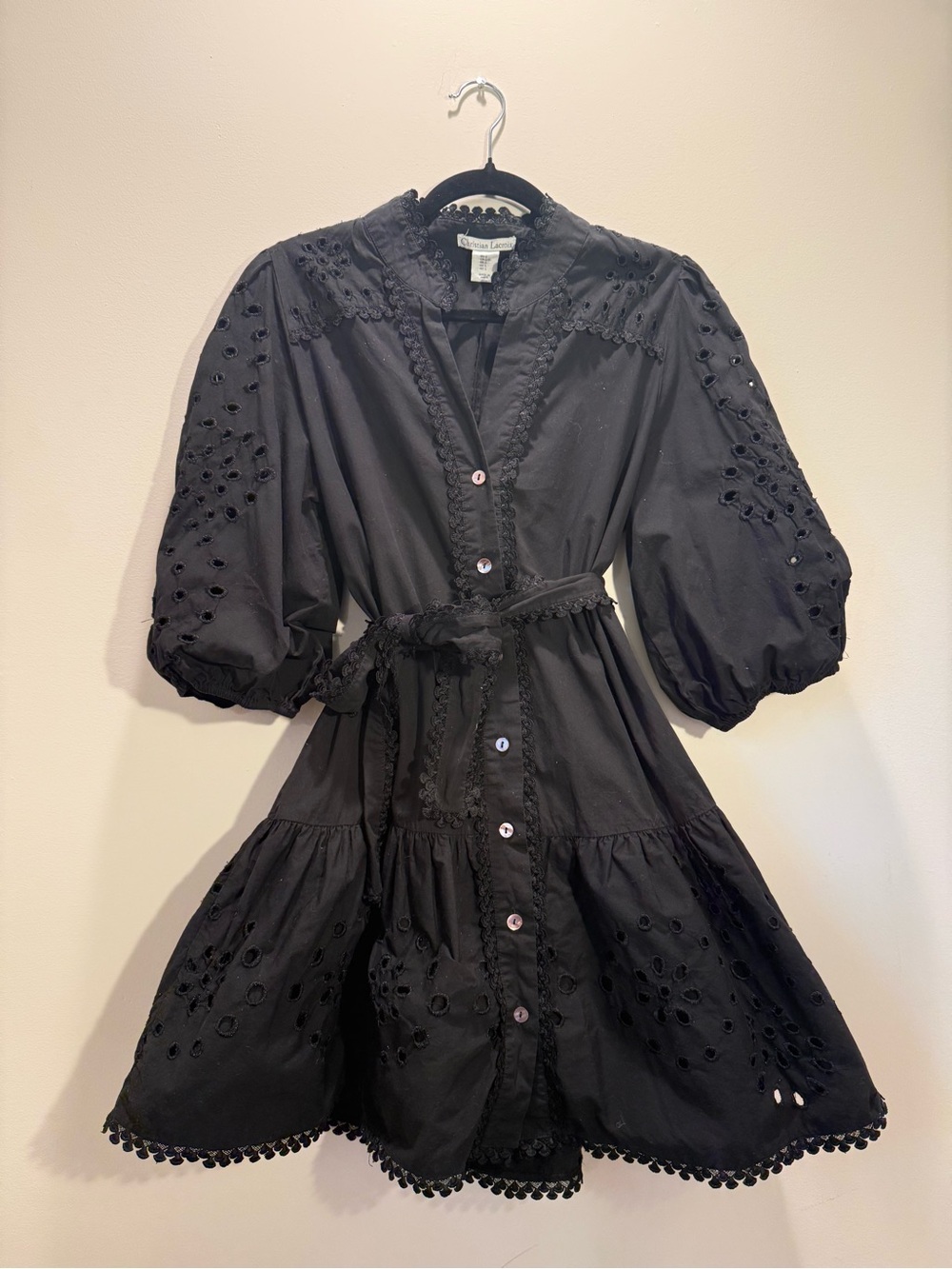 Christian Lacroix Black Eyelet Button-Front Mini Dress